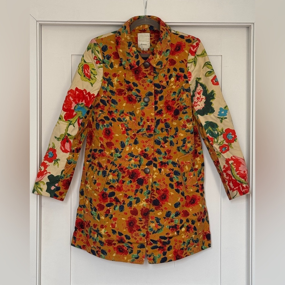 Anthropologie Elevenses Mustard Floral Trench with Cream Floral Sleeves